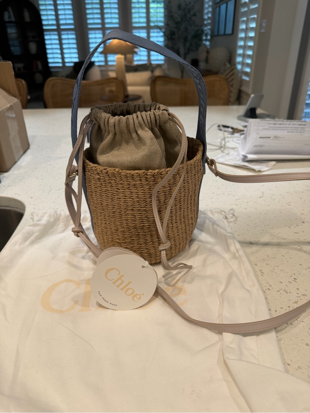 Chloe Tan Woven Bucket Crossbody with Beige Canvas Pouch